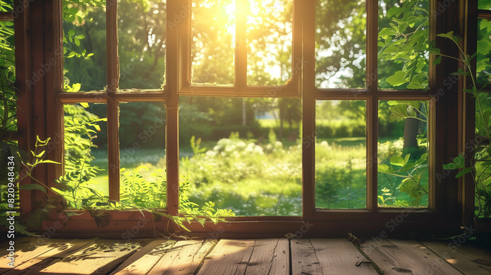 A wooden window frame overlooking a peaceful meadow A wooden window frame overlooking a peaceful meadow