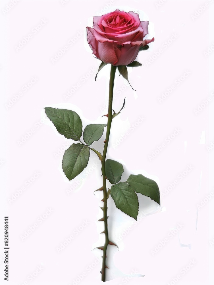 Fototapeta premium A beautiful pink rose with green leaves against a serene white backdrop