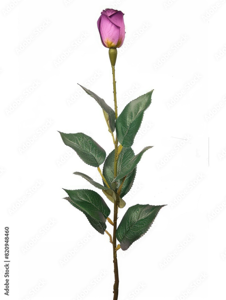 Obraz premium Purple rose with green leaves against a white backdrop