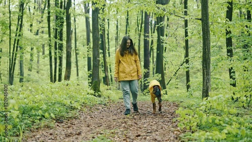 young woman walking with her doberman dog in the forest. Wearing yellow rain jackets girl and dog playing outdoors. Human and dog friendship concept