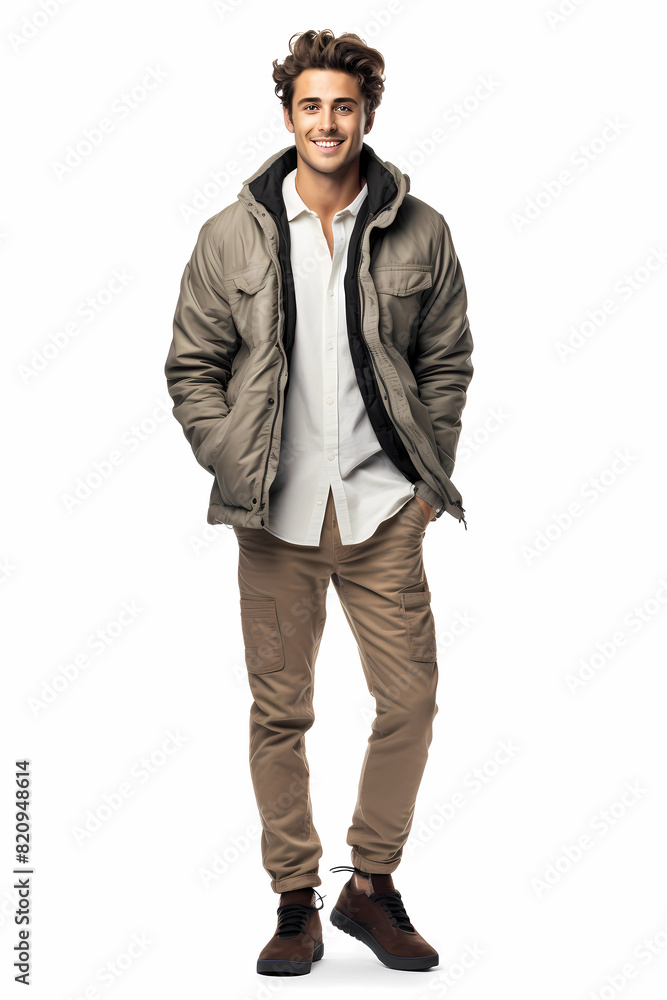 Young good looking man in tan trousers, loose white shirt and kaki jacket brown boots smiling front shot white background. Young good looking man in tan trousers, loose white shirt and kaki jacket brown boots smiling front shot white background.