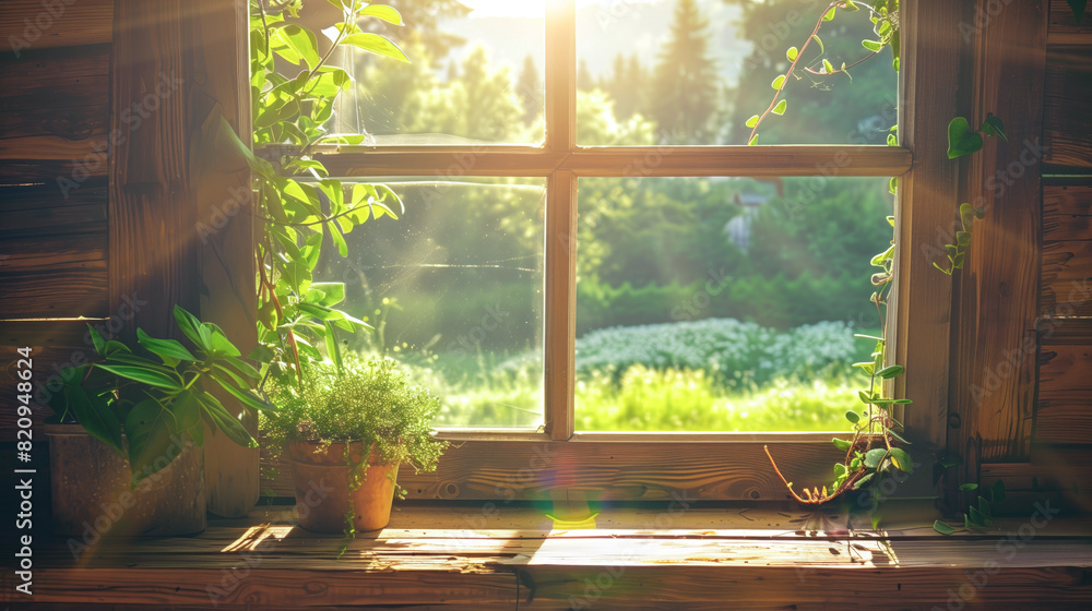 A wooden window frame overlooking a peaceful meadow