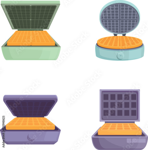 Waffle maker icons set cartoon vector. Electric waffle maker. Kitchen appliance