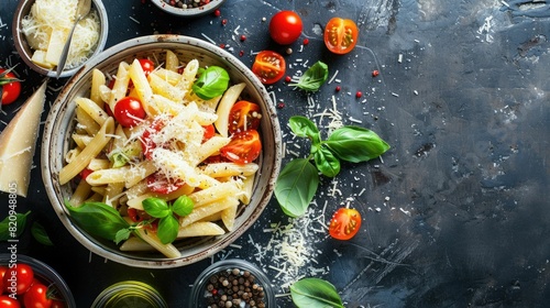 A staple food recipe featuring a bowl of pasta with tomatoes and basil  served on a sleek black tableware. A delicious and natural food dish perfect for sharing AIG50