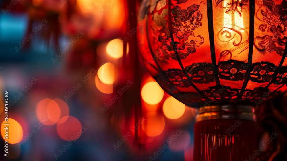 Close-up of traditional red Chinese lantern with intricate patterns and glowing bokeh lights in the background. Lunar New Year celebration concept for design and print. Close-up of traditional red Chinese lantern with intricate patterns and glowing bokeh lights in the background. Lunar New Year celebration concept for design and print.
