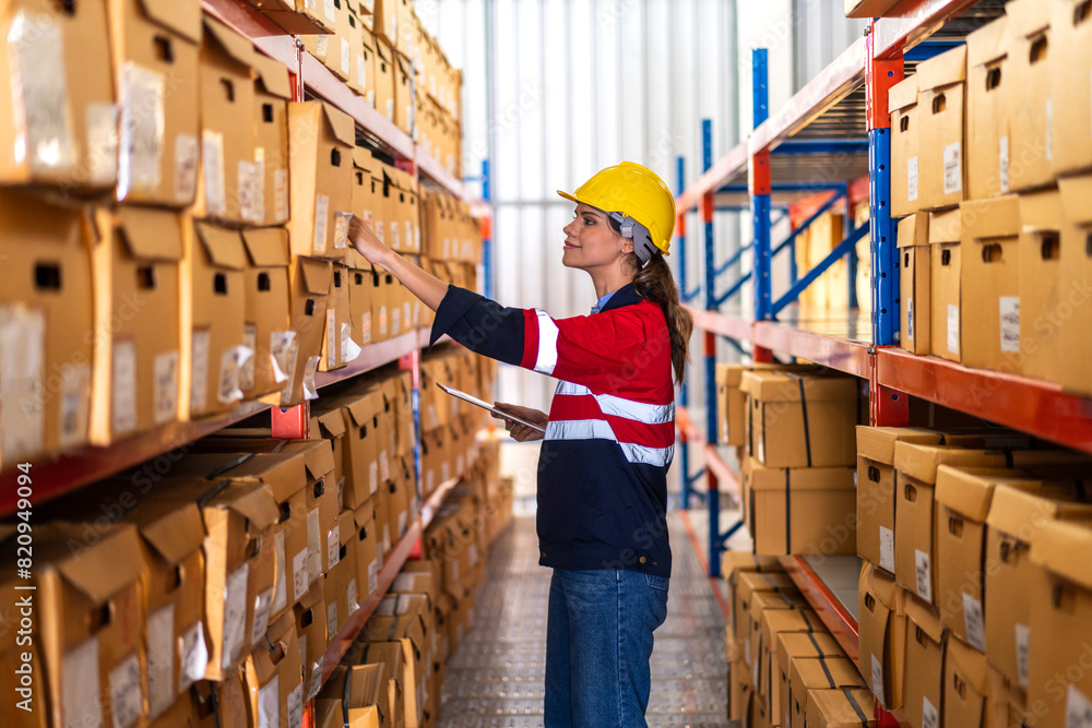 Portrait engineer woman shipping order detail check goods and supplies on shelves with goods background inventory in factory warehouse.logistic industry and business export Portrait engineer woman shipping order detail check goods and supplies on shelves with goods background inventory in factory warehouse.logistic industry and business export