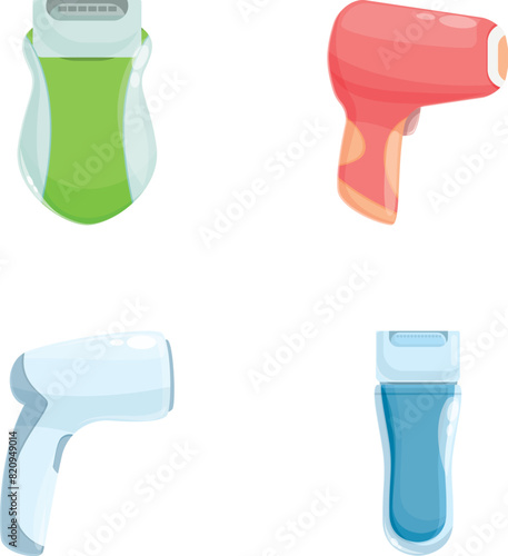 Depilator icons set cartoon vector. Female electric shaver and photo epilator. Hair removal treatment