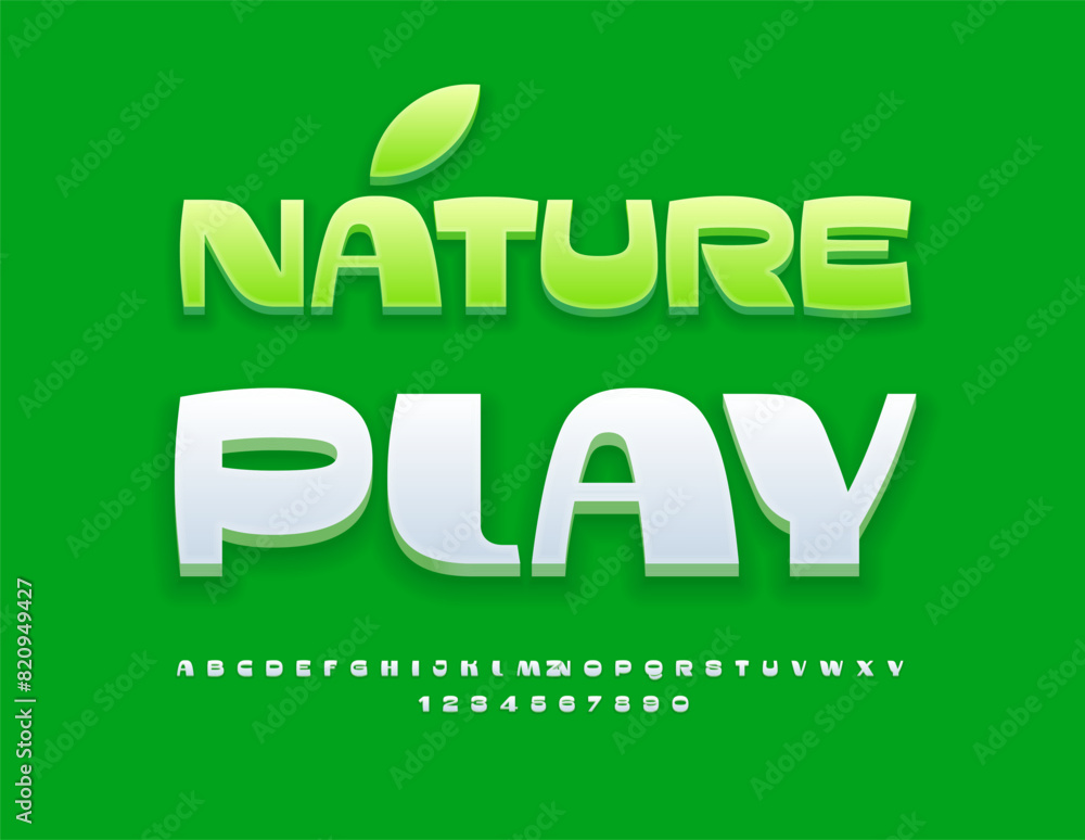 Vector creative concept Nature Play. Exclusive White 3D Font. Modern Alphabet Letters and Numbers set. Vector creative concept Nature Play. Exclusive White 3D Font. Modern Alphabet Letters and Numbers set.