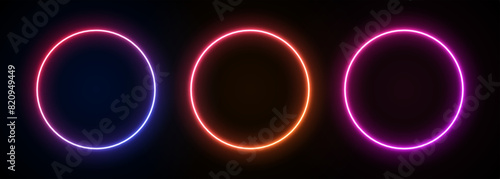 Neon round frame. Gradient led circle border on black background. 3d futuristic banner ring. Template with bright laser spheres. Electric fluorescent portals.