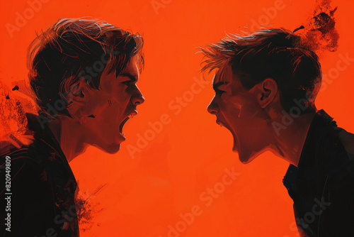 A flat illustration of two young men in an argument, yelling at each other with the characters facing off against one another. Their expressions convey anger or sternness photo