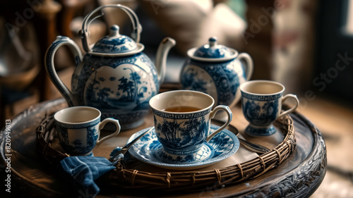 Blue and white porcelain tea set on a wooden table. Studio still life photograph with natural lighting. Afternoon tea and vintage tableware concept. Design for poster  greeting card  invitation