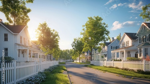 ColonialStyle Housing Development Basks in the Bright Morning Light of a Tranquil Day photo