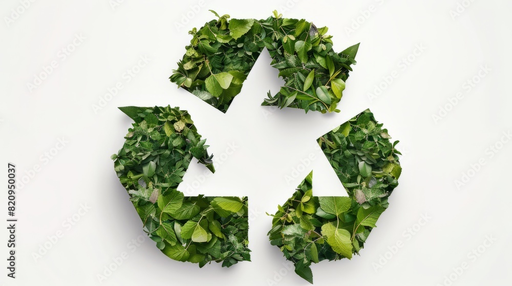 Recycling icon from leaves on white background. The problem of ecology, waste recycling, waste disposal, reusable use, recyclables use, consumer culture. Concept eco earth day. Recycling icon from leaves on white background. The problem of ecology, waste recycling, waste disposal, reusable use, recyclables use, consumer culture. Concept eco earth day.