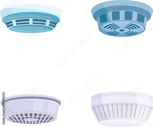Smoke detector icons set cartoon vector. Smoke control system. Fire safety concept