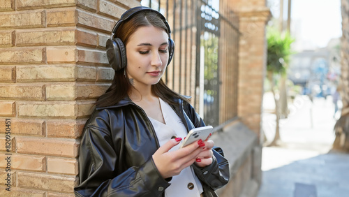 A young woman listens to music on headphones while using her smartphone on a sunny urban street. photo