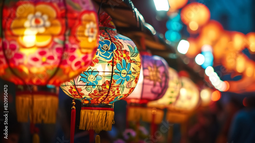 Colorful paper lanterns hanging in a row at a night market. Close-up photograph with vibrant lighting and bokeh background. Celebration and cultural festival concept. Design for poster, greeting card © nextzimost