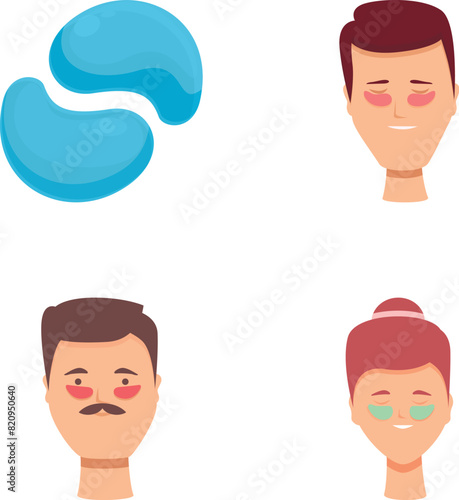 Eye patches icons set cartoon vector. People with cosmetic patches under eye. Beauty product
