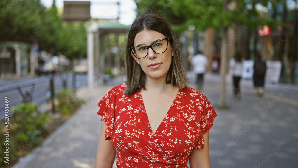 Confident hispanic woman in glasses offers a serious look, standing on tokyo's vibrant city street, portrait against urban architecture. Confident hispanic woman in glasses offers a serious look, standing on tokyo's vibrant city street, portrait against urban architecture.