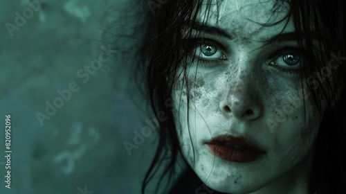 High-resolution image of a woman with striking blue eyes and a freckled face, creating a compelling and mysterious aura