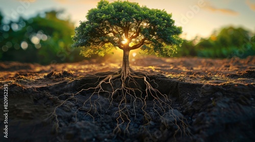 A serene tree bathed in the warm glow of a setting sun  exposing a complex network of roots