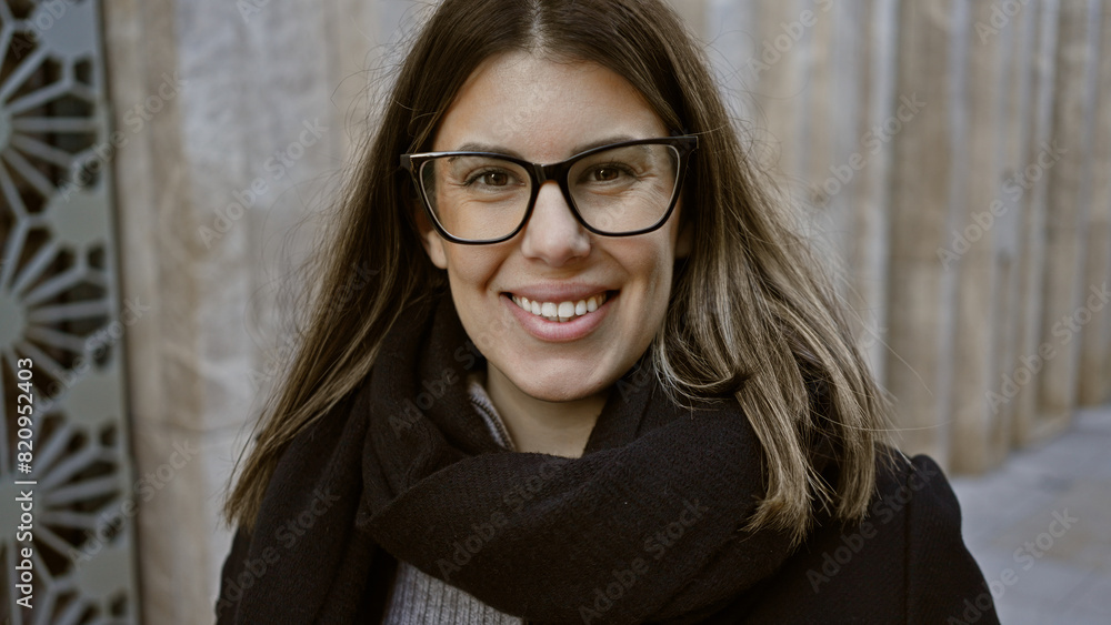 Smiling young woman with glasses on a historic street in istanbul, symbolizing urban tourism. Smiling young woman with glasses on a historic street in istanbul, symbolizing urban tourism.