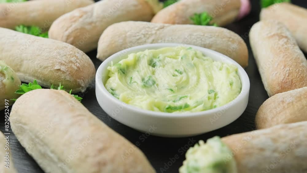 Stone baked ciabatta bread sticks with a creamy garlic butter dip. Rotating video Stone baked ciabatta bread sticks with a creamy garlic butter dip. Rotating video