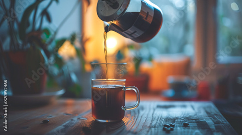 Cozy moment of a person pouring freshly brewed coffee photo