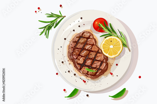 Illustration of a finished steak on the grill. Juicy BBQ steak. Meat.