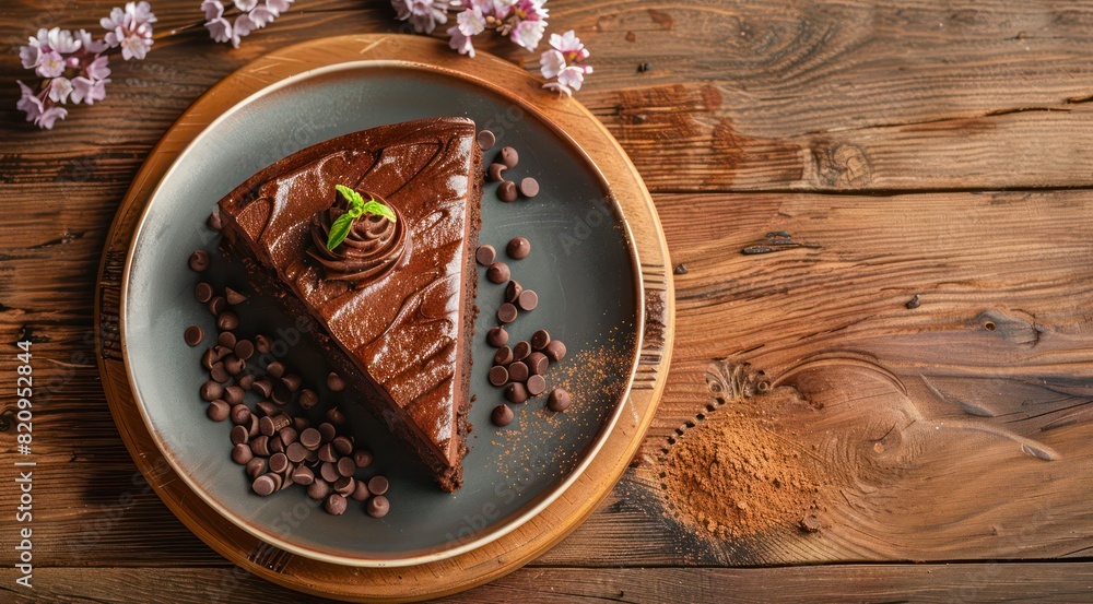 Plate of piece of chocolate cake on a wooden table, top view. Plate of piece of chocolate cake on a wooden table, top view.