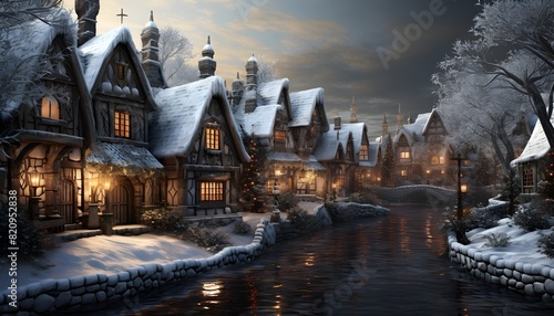 Winter night in the village. Winter landscape with houses and river.