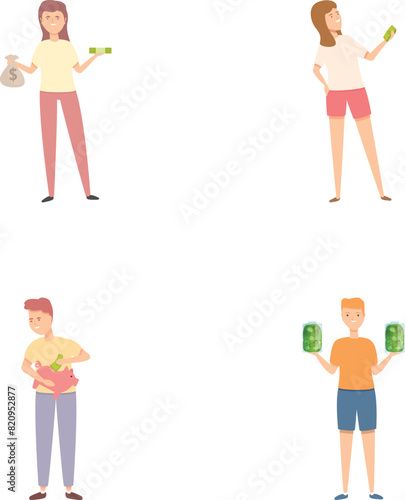 Financial literacy icons set cartoon vector. Youngster learning basic of saving. Saving money