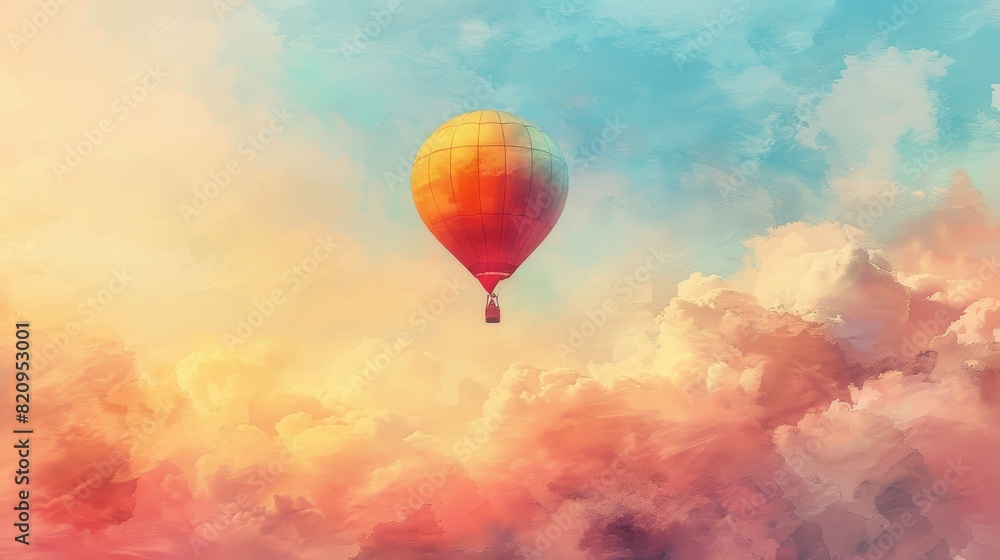 Fototapeta premium Embrace the tranquility of a hot air balloon drifting above in Worms-eye view Create a serene watercolor dream with pastel skies and delicate brushstrokes