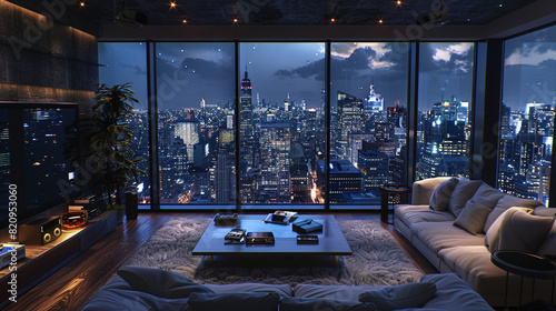 City view bedroom, dark gray walls, plush white armchairs.