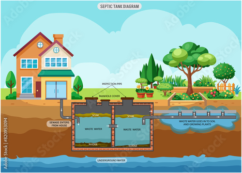 A septic tank diagram shows the tank chambers, inlet, outlet, baffles, and drain field