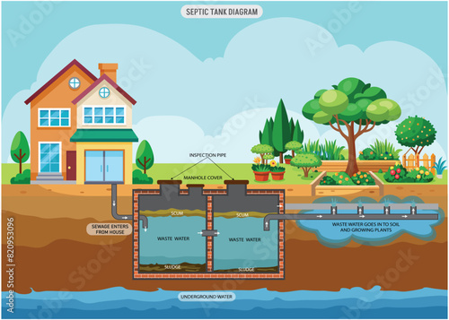 A septic tank diagram shows the tank chambers, inlet, outlet, baffles, and drain field