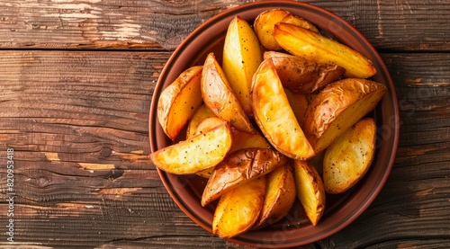 Plate of baked potato wedges on a wooden table, top view.
