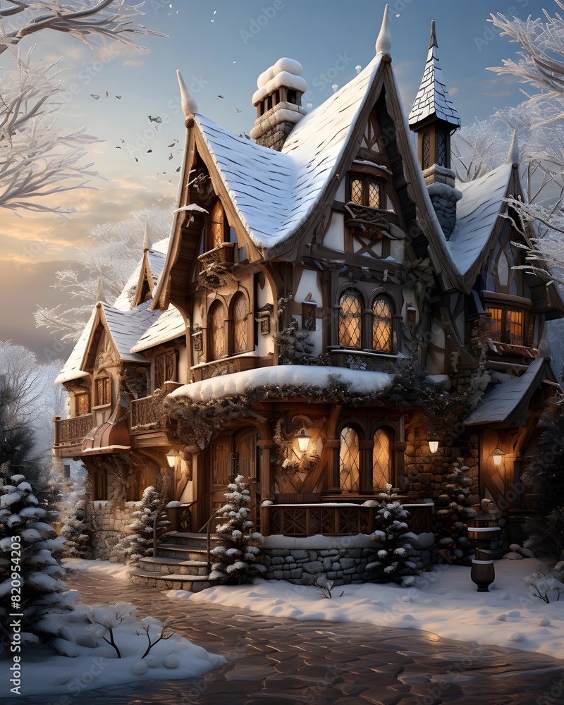 Winter wonderland. Christmas cottage in the forest. Winter fairy tale.