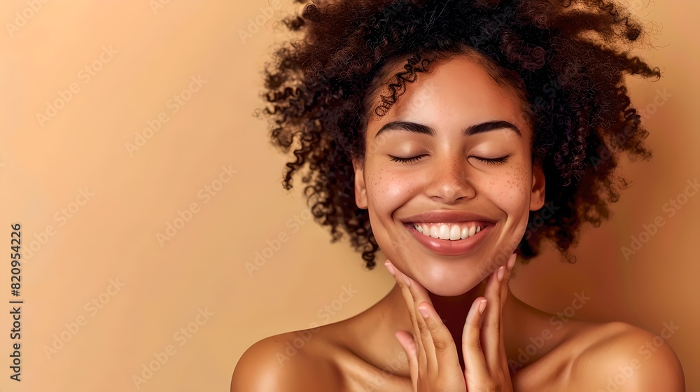 Smiling woman with natural hairstyle on beige background. Beauty shot perfect for advertising skincare. Close-up portrait with a happy mood. AI Smiling woman with natural hairstyle on beige background. Beauty shot perfect for advertising skincare. Close-up portrait with a happy mood. AI