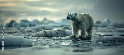 Polar bear, ice bear on an arctic shore, surrounded by melting icebergs, floes and arctic glaciers. Symbol of climate change, global warming.  photo