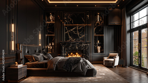 Luxurious bedroom, black walls, marble fireplace.
