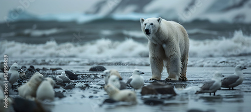 Polar bear, ice bear on an arctic shore, surrounded by melting icebergs, floes and arctic glaciers. Symbol of climate change, global warming.  photo