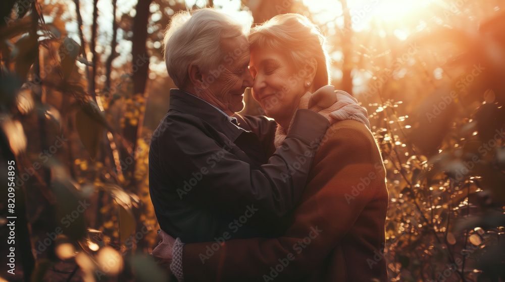 Senior couple in their 60s, embracing affectionately
