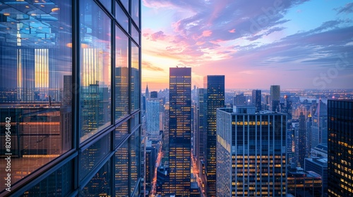 City skyline at dusk with high-rise buildings and warm lighting in windows. © coco