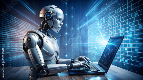 Future Tech: Cyborg AI Programming the Future. Perfect for: Tech Conventions, Futuristic Exhibitions, Robotics Events, Innovation Summits, Computer Science Conferences, Sci-Fi Conventions.