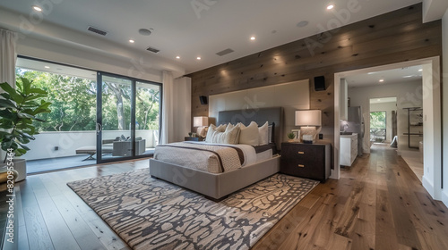 Master bedroom with recessed lighting, minimalist nightstands, and a modern rug with a bold pattern. Wood floors add warmth. photo