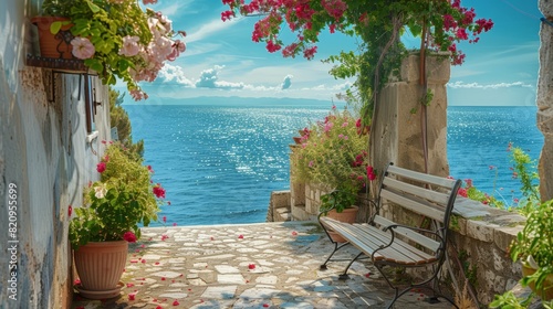A bench sitting on top of a stone walkway next to a body of water