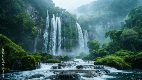 The image captures the grandeur of a towering  multi-tiered waterfall surrounded by lush  vibrant greenery under a soft light