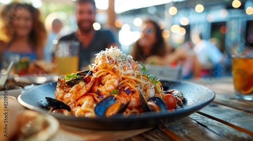 A plate of pasta and musselling on a table