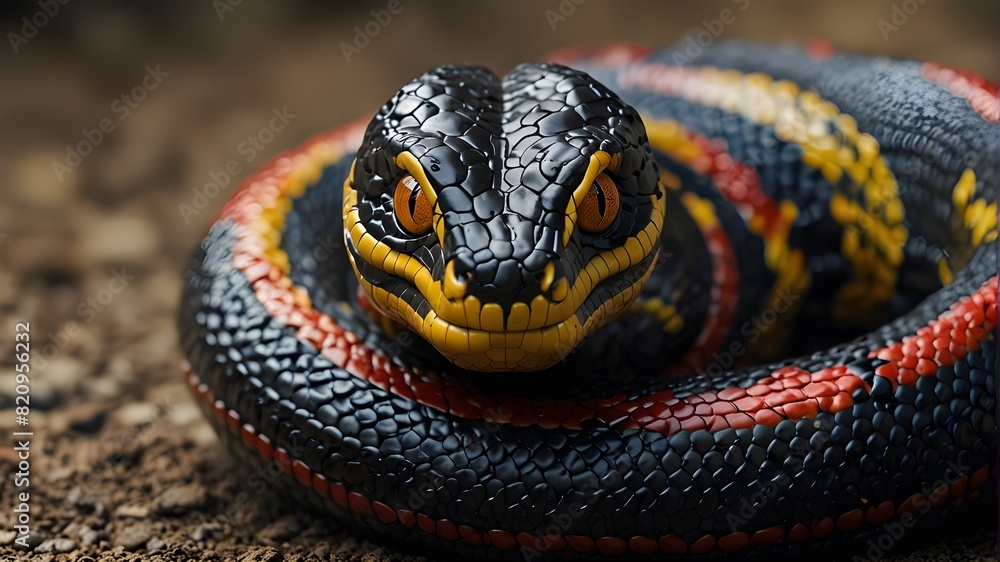Fototapeta premium A coiled up serpent with a sleek black body, adorned with vibrant yellow stripes and piercing crimson eyes, ready to strike at any moment.