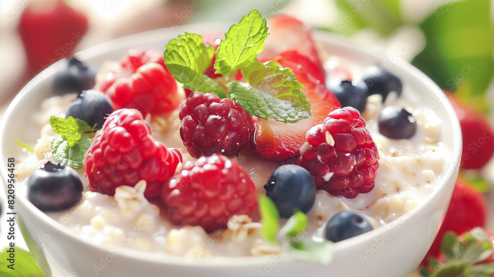 A bowl of oatmeal topped with fresh fruits A bowl of oatmeal topped with fresh fruits